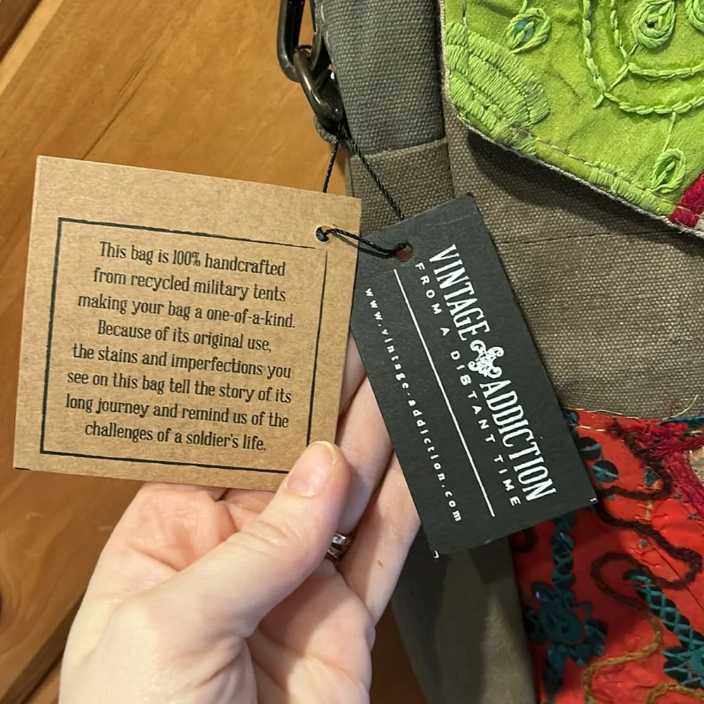 NWT Vintage Addiction recycled military tent with vintage fabric crossbody bag